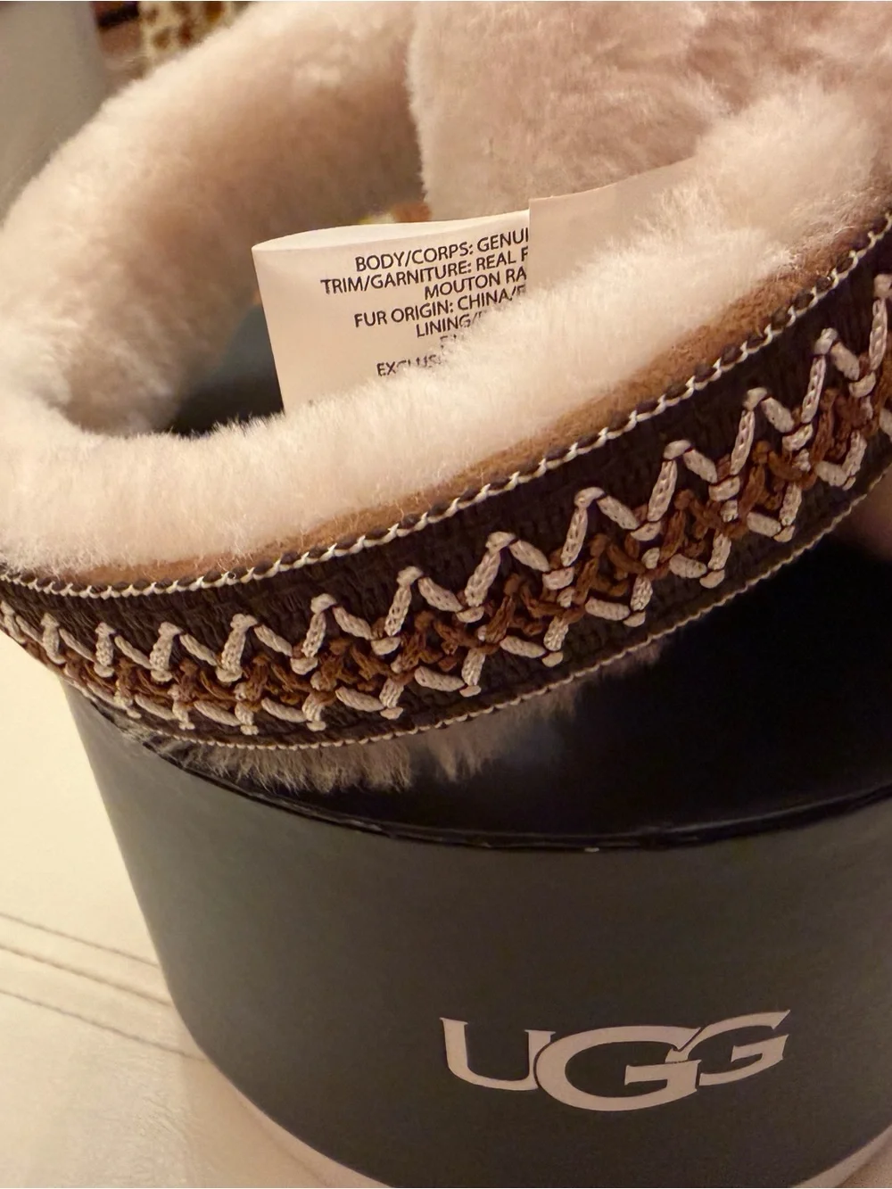 UGG Chestnut and Cream Shearling Boot Cuff with Woven Trim